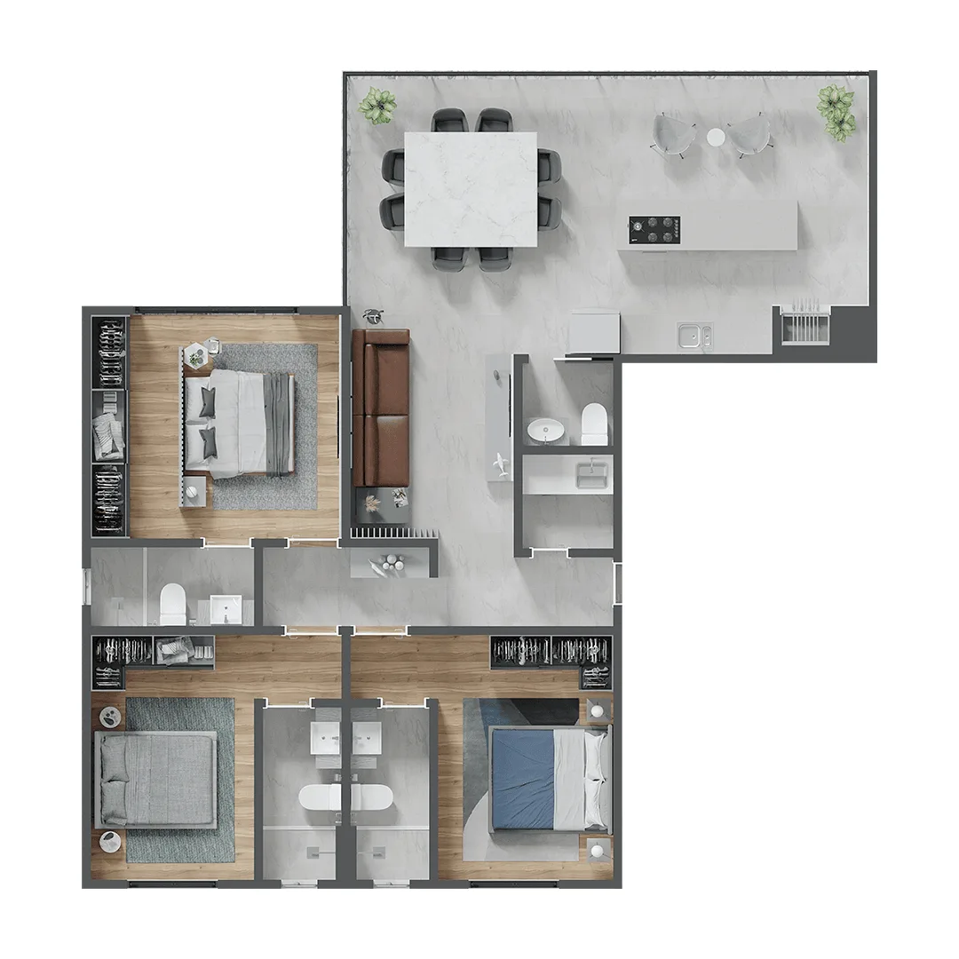 Planta Tipo 1 — 3 suítes · 123,96 m²