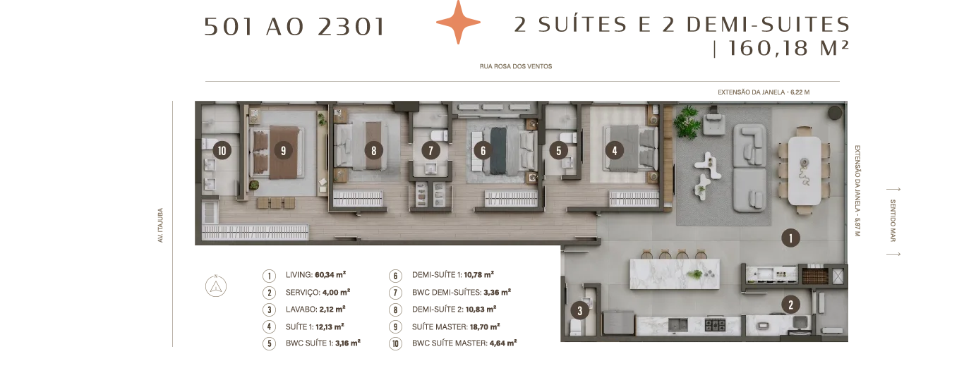 Planta Tipo 1 - 2 suítes e 2 Demi Suítes
